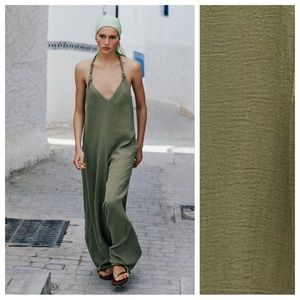 NWT. Zara Light Khaki Ramie/Cotton Jumpsuit with Braided Straps. Size XS.